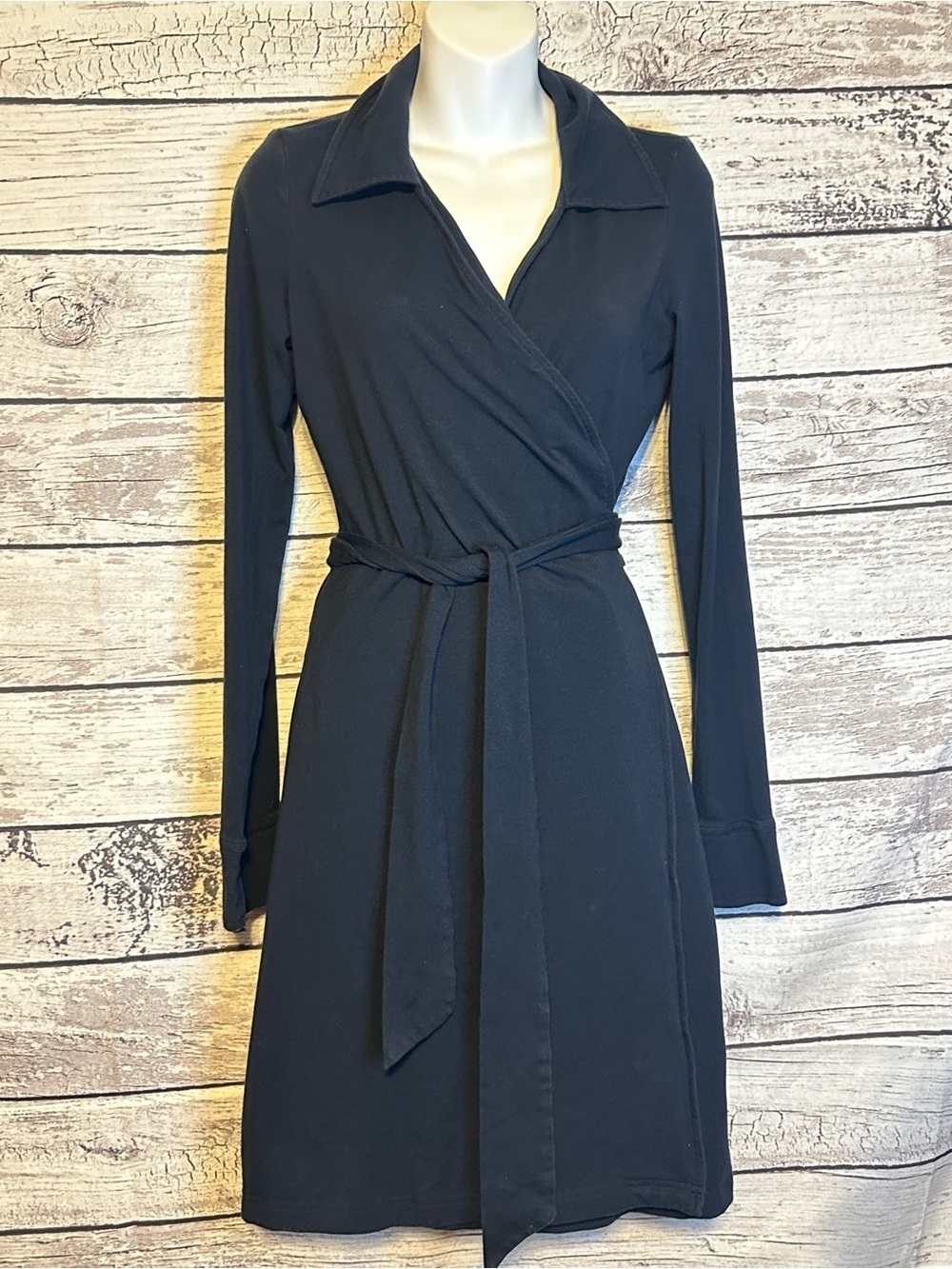 Lands’ End Black Faux Wrap Dress Size 8 Modal Blend Long Sleeve Tie Waist